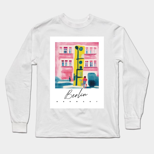 Berlin Street Light Pink Yellow Gouache Travel Poster Retro Wall Art Illustration Long Sleeve T-Shirt by BetterManufaktur